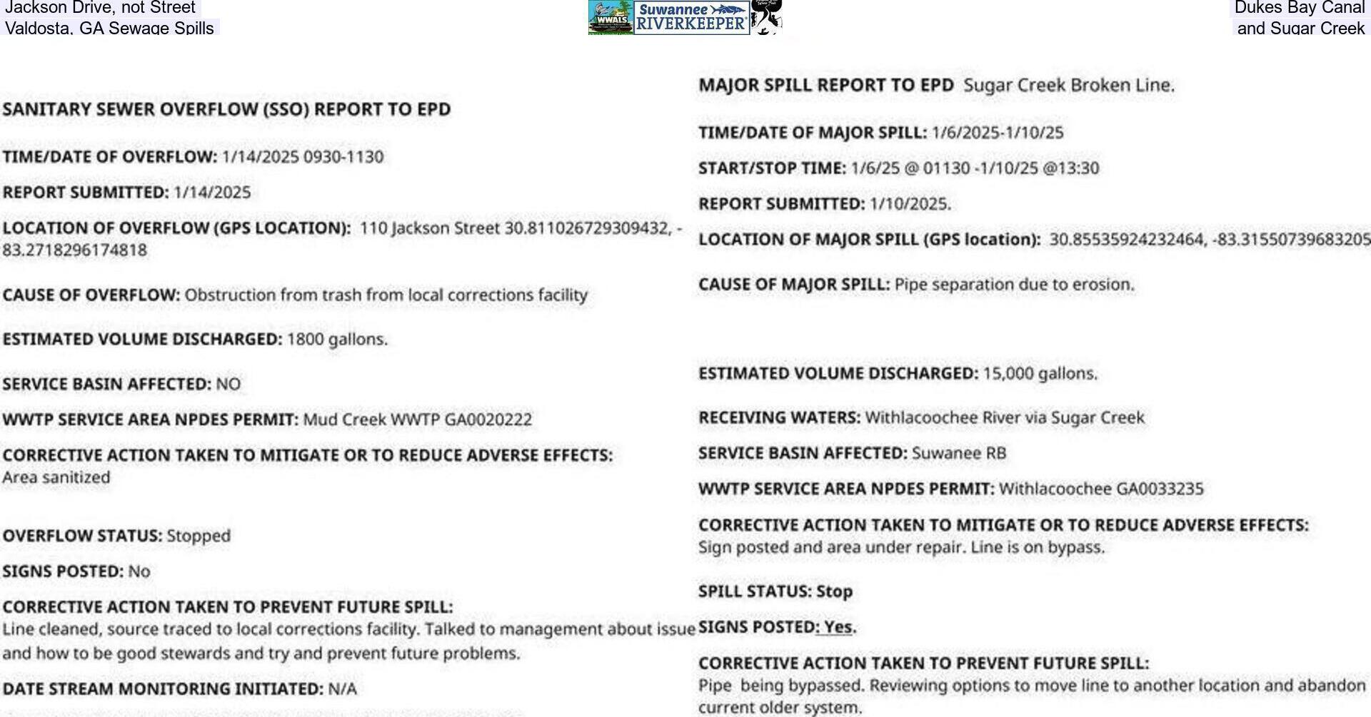 [Jackson Drive, not Street, Dukes Bay Canal, Valdosta, GA Sewage Spills, and Sugar Creek]