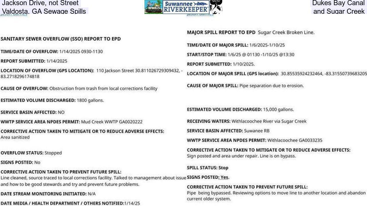 Jackson Drive, not Street, Dukes Bay Canal, Valdosta, GA Sewage Spills, and Sugar Creek