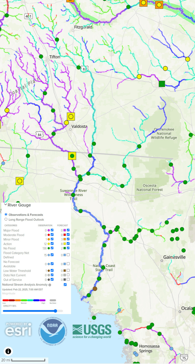 Map: NOAA River Gauges 2025-02-22