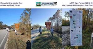 [Mayday Landing, Alapaha River, ARWT Signs Planted 2025-02-26, At-Water and Road: Thanks, Alan Levesque & Echols County Road Crew]