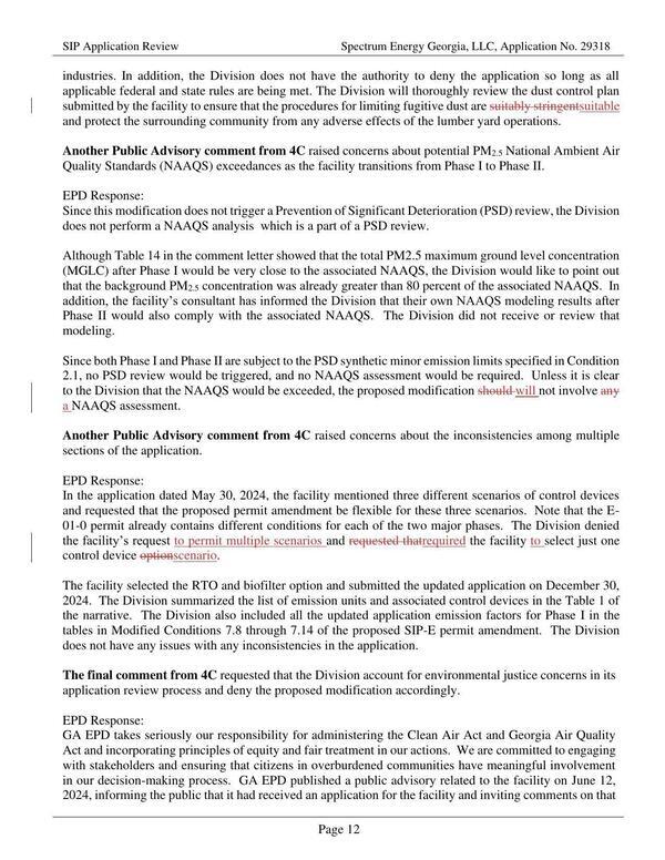 Another Public Advisory comment from 4C raised concerns about potential PM2.s National Ambient Air Quality Standards (NAAQS) exceedances as the facility transitions from Phase I to Phase II.