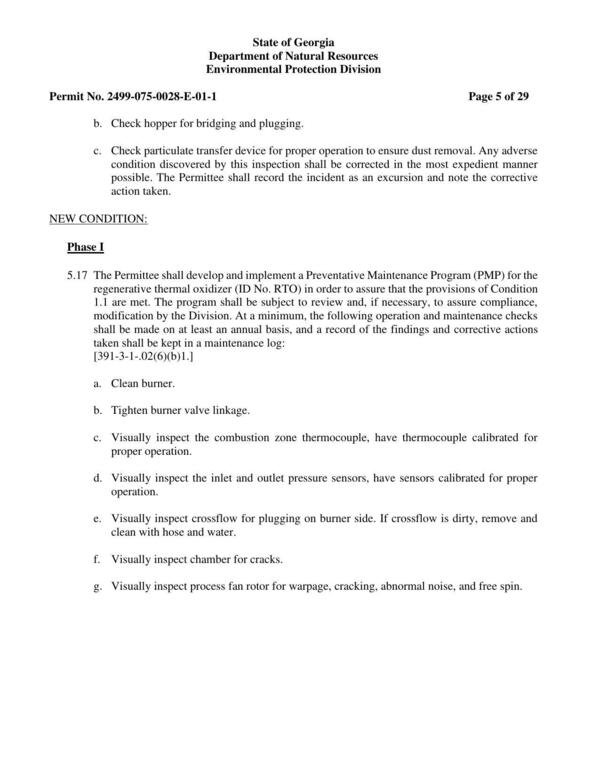 NEW CONDITION: Phase I 5.17 The Permittee shall develop and implement a Preventative Maintenance Program (PMP) for the regenerative thermal oxidizer (ID No. RTO) in order to....