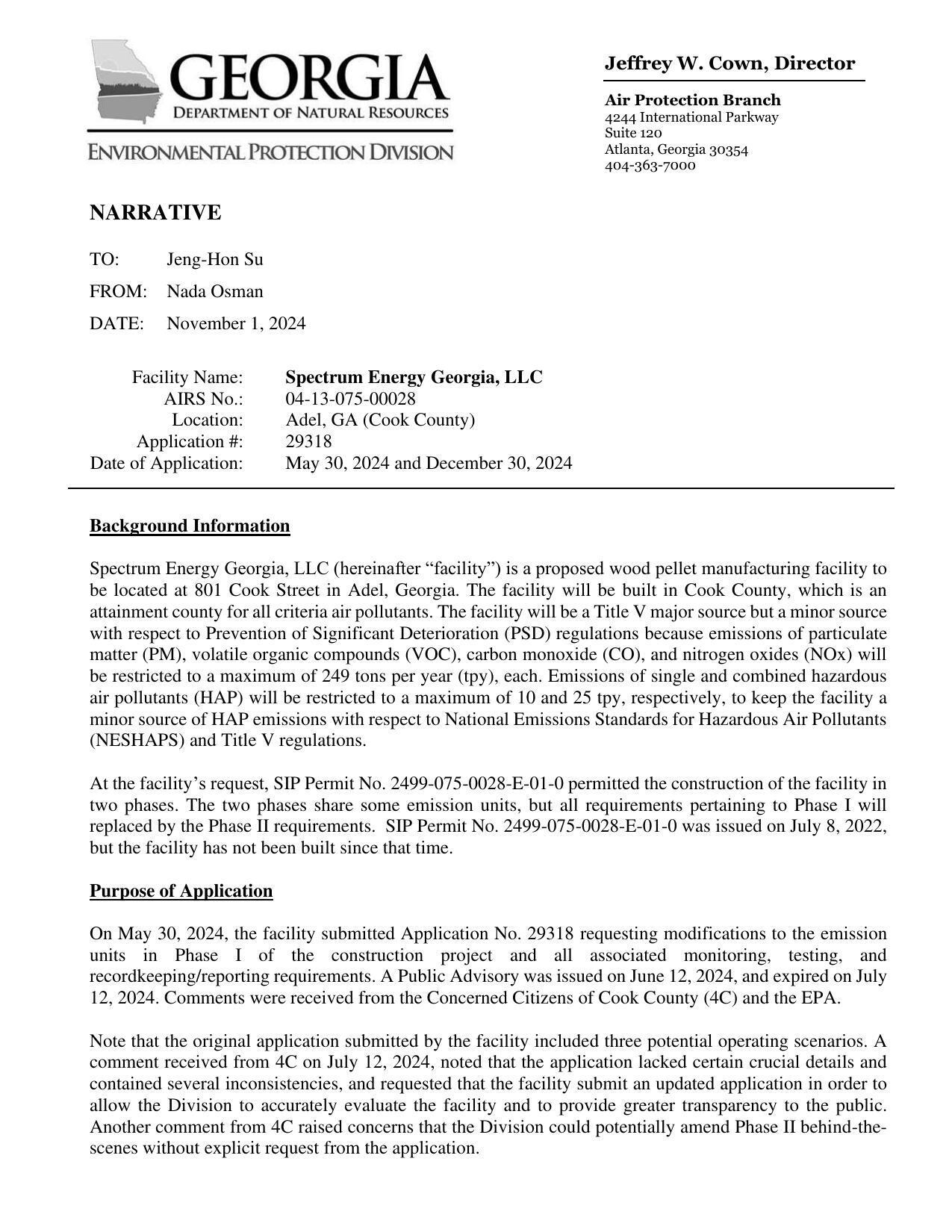 Narrative From Nada Osman: a proposed wood pellet manufacturing facility to be located at 801 Cook Street in Adel, Georgia.