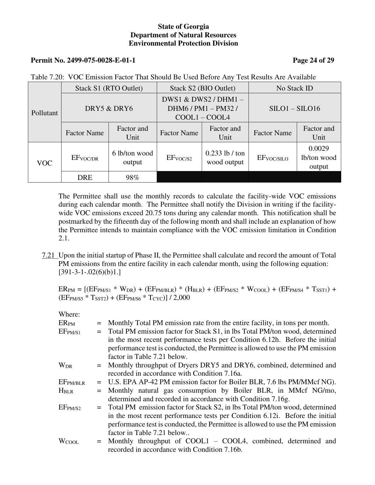 Table 7.20: VOC Emission Factor That Should Be Used Before Any Test Results Are Available