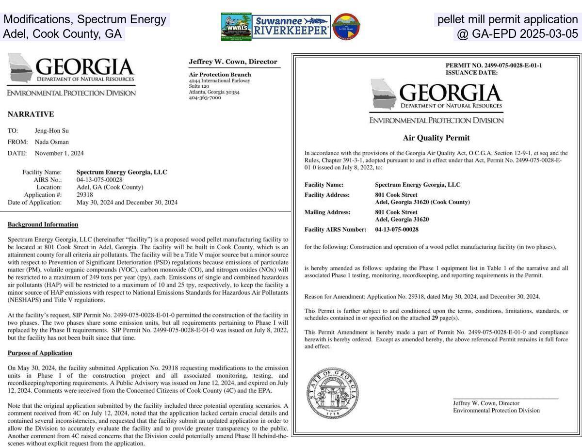 Modifications, Spectrum Energy pellet mill permit application, Adel, Cook County, GA @ GA-EPD 2025-03-05