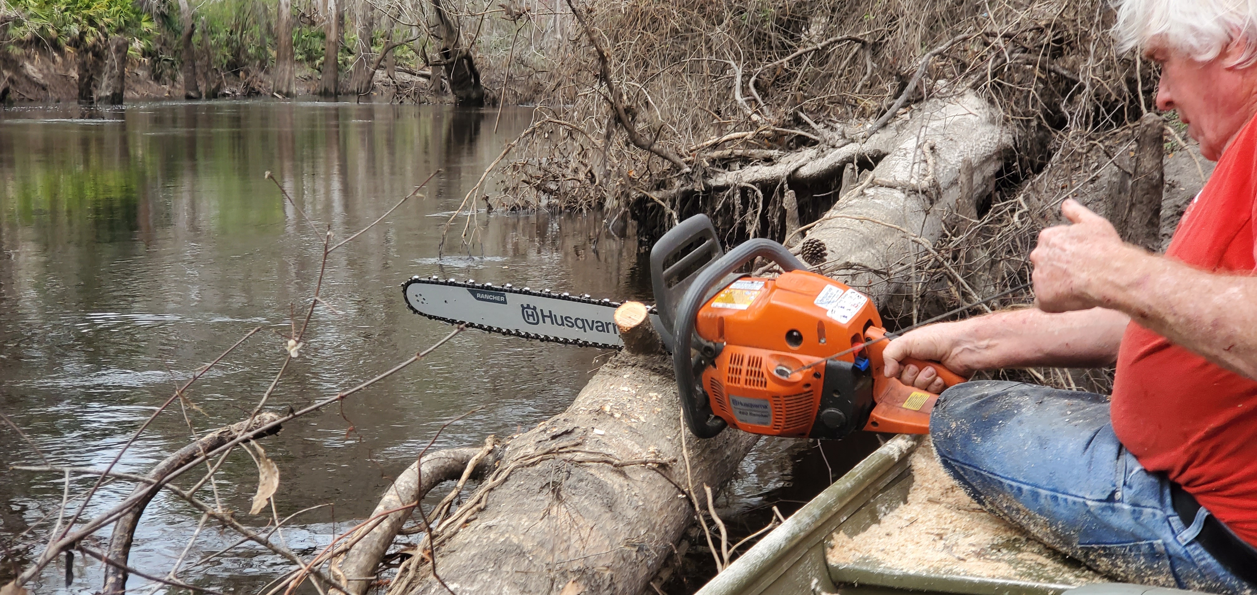 Starting the Husqvarna 24-inch chainsaw, 2025:03:08 14:52:41, 30.8513422, -83.3391049