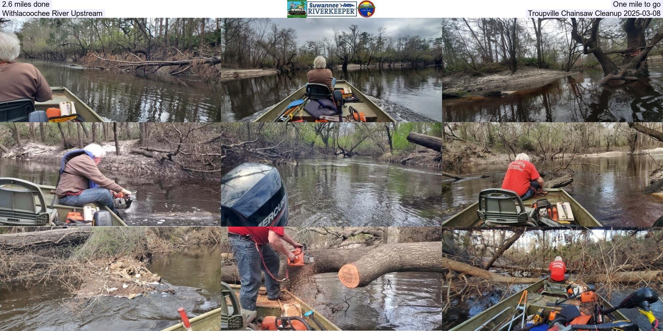 2.6 miles done, One mile to go, Withlacoochee River Upstream, Troupville Chainsaw Cleanup 2025-03-08