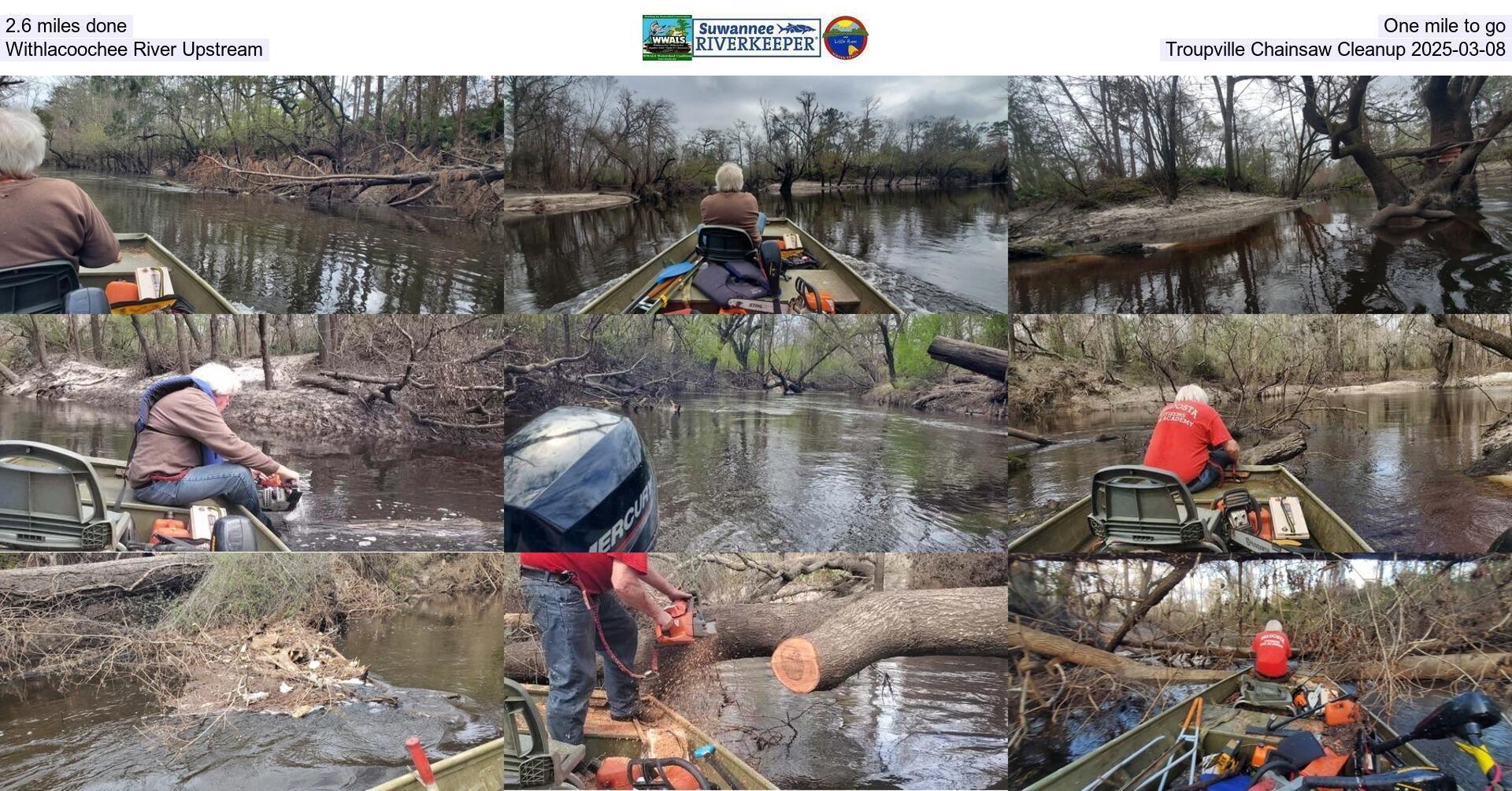 2.6 miles done, One mile to go, Withlacoochee River Upstream, Troupville Chainsaw Cleanup 2025-03-08