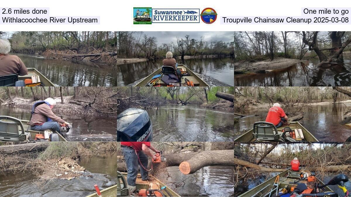 2.6 miles done, One mile to go, Withlacoochee River Upstream, Troupville Chainsaw Cleanup 2025-03-08