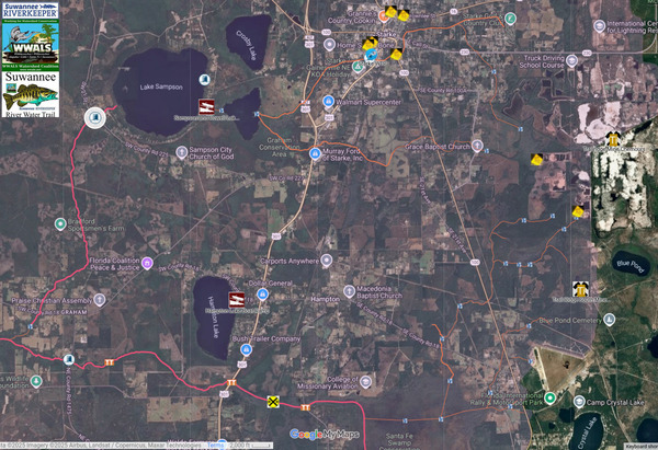 Map: Starke, FL, Chemours TiO2 Mines, Sampson Lake, Sampson River, Santa Fe River SRWT