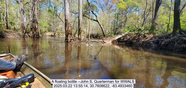 [A floating bottle --John S. Quarterman for WWALS, 2025:03:22 13:55:14, 30.7608622, -83.4933460]