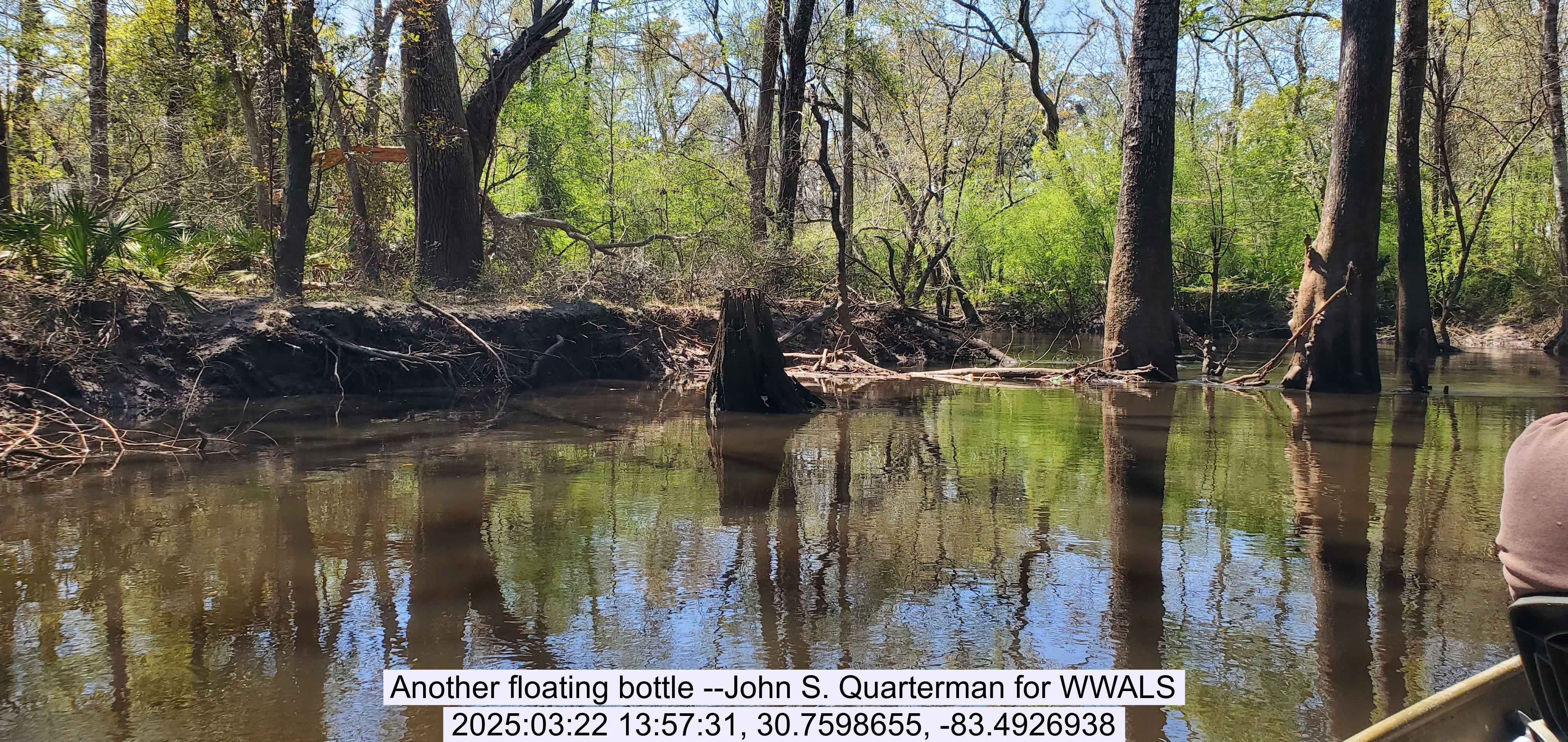 Another floating bottle --John S. Quarterman for WWALS, 2025:03:22 13:57:31, 30.7598655, -83.4926938