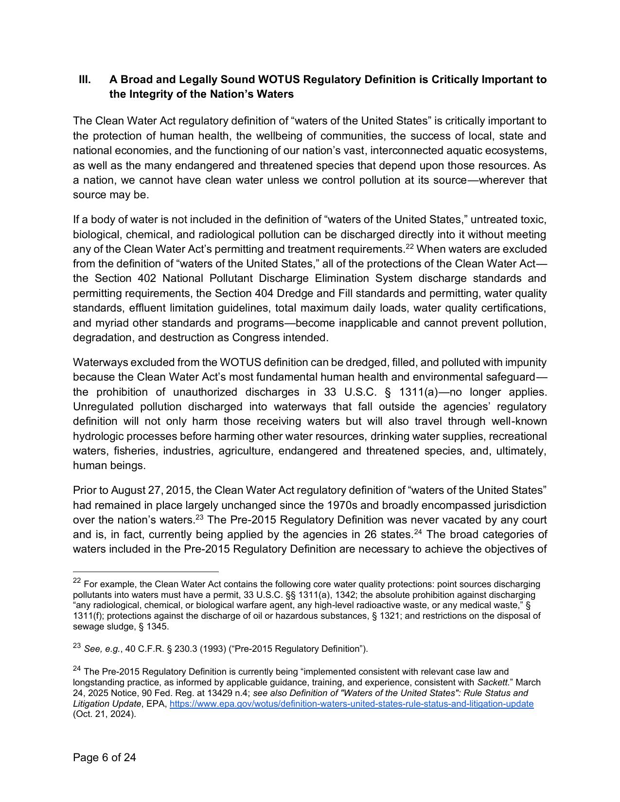 III. A Broad and Legally Sound WOTUS Regulatory Definition is Critically Important to the Integrity of the Nation’s Waters