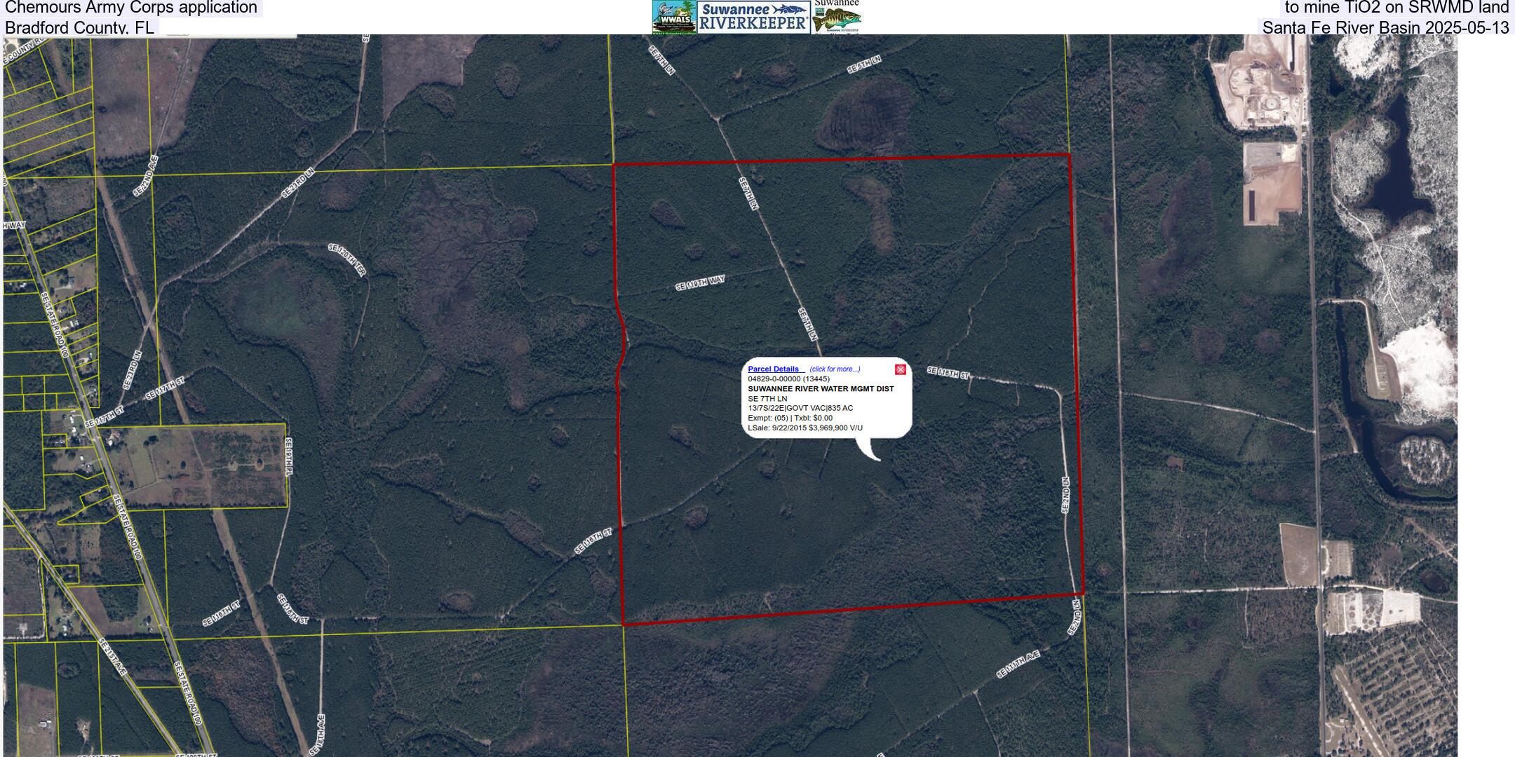 Chemours Army Corps application to mine TiO2 on SRWMD land, Bradford County, FL, Santa Fe River Basin 2025-05-13