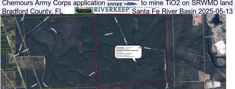 Chemours Army Corps application to mine TiO2 on SRWMD land, Bradford County, FL, Santa Fe River Basin 2025-05-13
