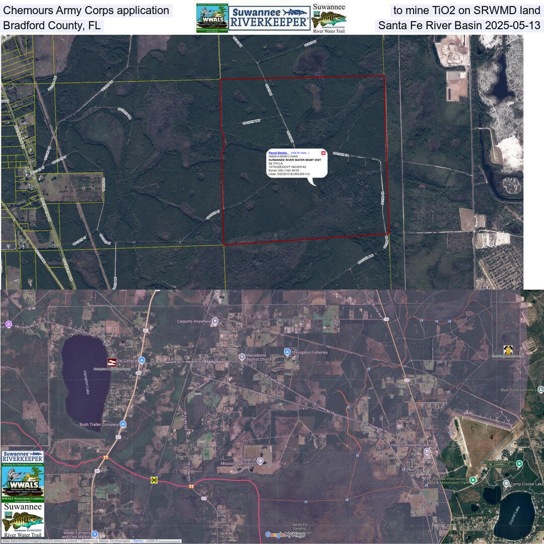 Chemours Army Corps application to mine TiO2 on SRWMD land, Bradford County, FL, Santa Fe River Basin 2025-05-13