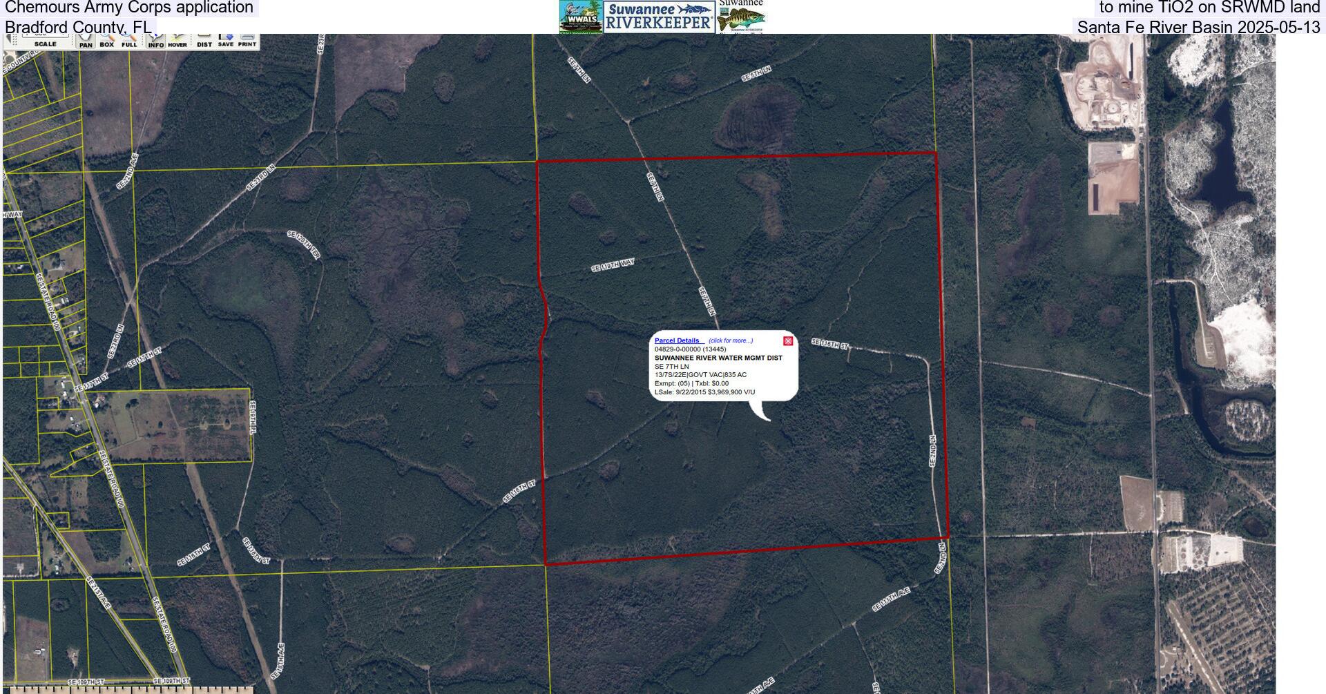 [Chemours Army Corps application to mine TiO2 on SRWMD land, Bradford County, FL, Santa Fe River Basin 2025-05-13]