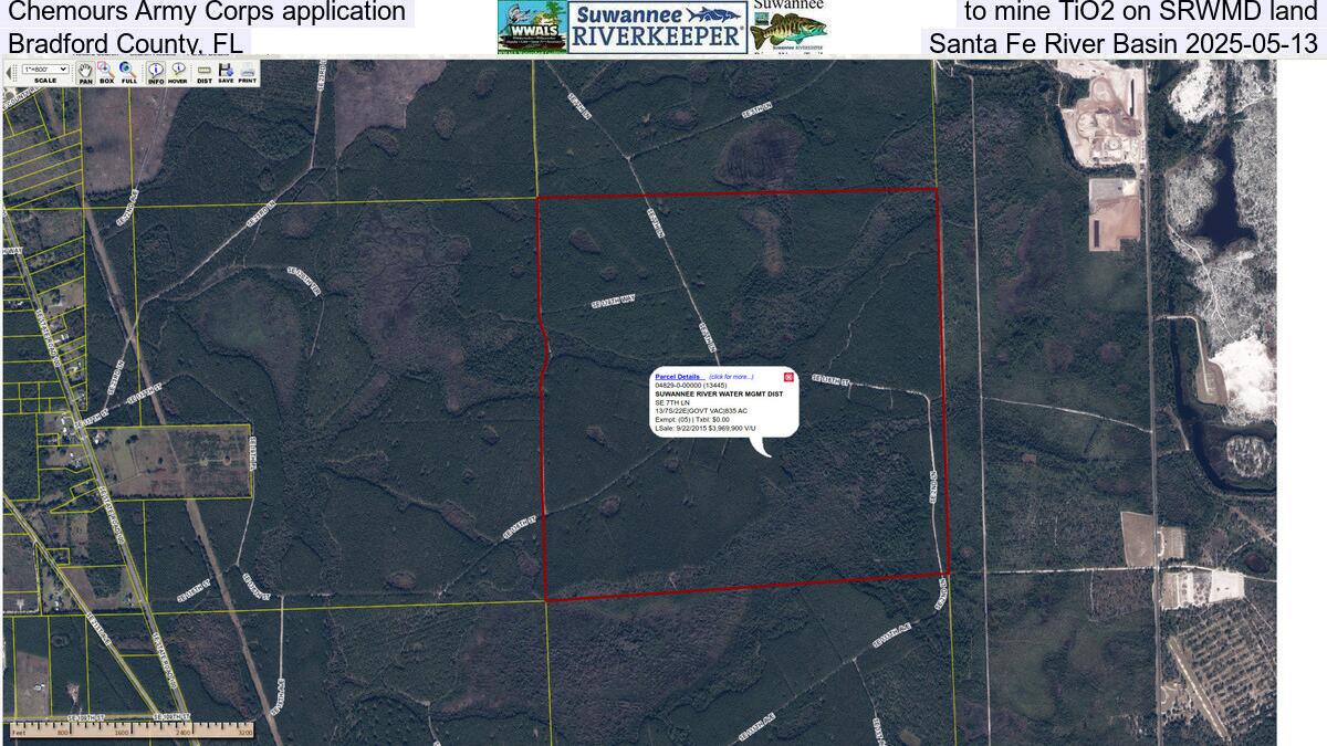 Chemours Army Corps application to mine TiO2 on SRWMD land, Bradford County, FL, Santa Fe River Basin 2025-05-13