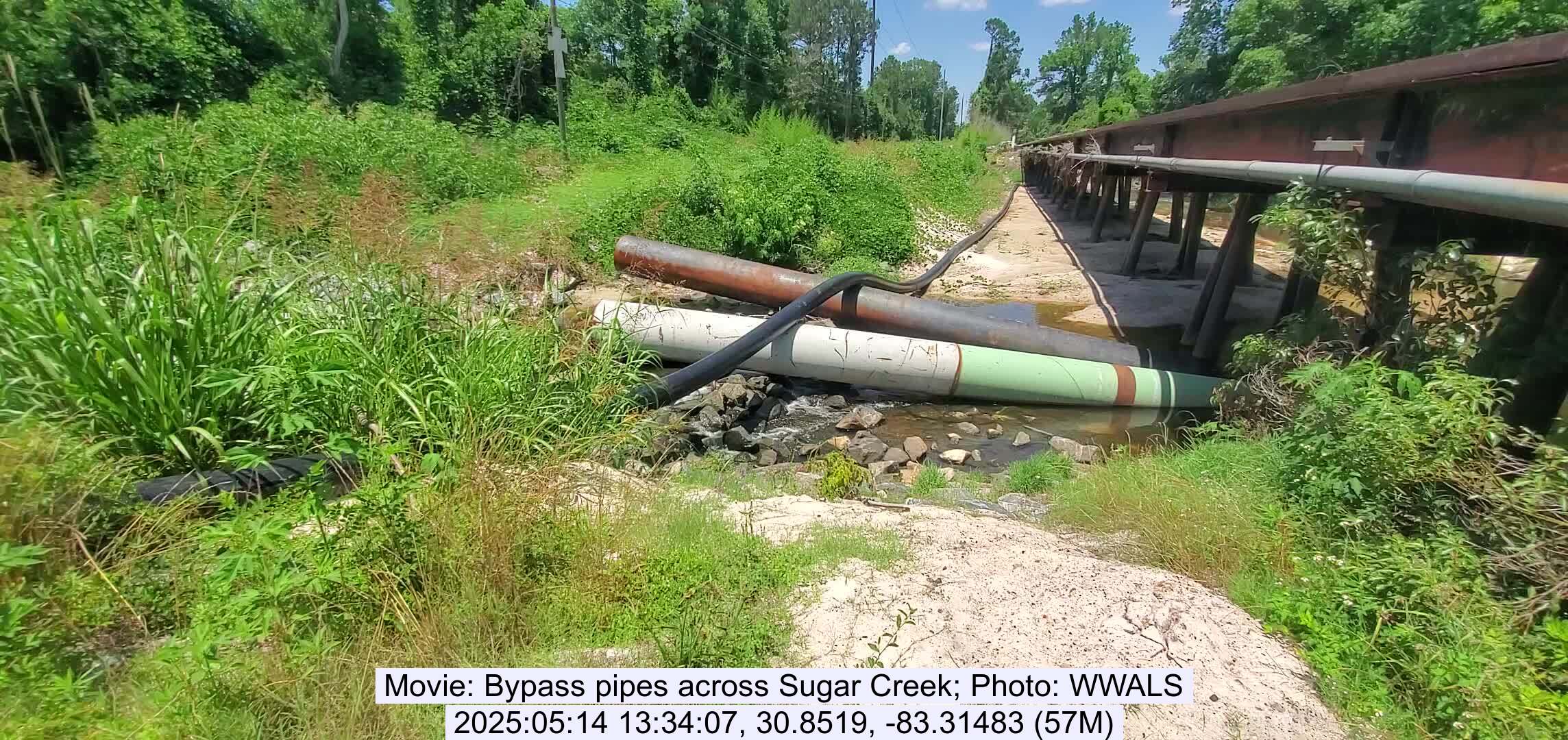 Movie: Bypass pipes across Sugar Creek, 2025:05:14 13:34:07, 30.8519, -83.31483 (57M)