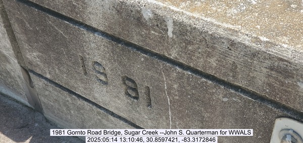 1981 Gornto Road Bridge, Sugar Creek --John S. Quarterman for WWALS, 2025:05:14 13:10:46, 30.8597421, -83.3172846