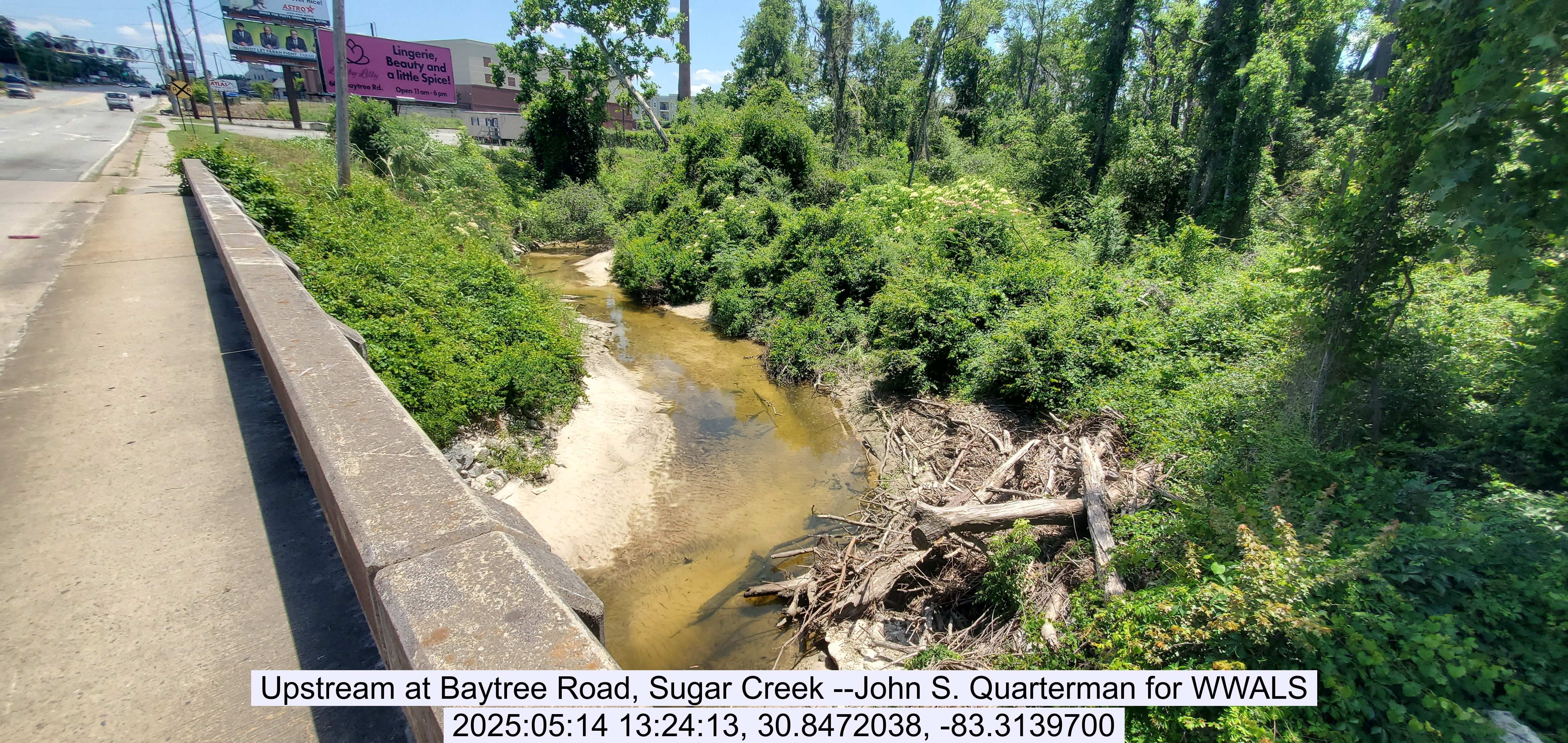 Upstream at Baytree Road, Sugar Creek --John S. Quarterman for WWALS, 2025:05:14 13:24:13, 30.8472038, -83.3139700