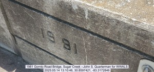 [1981 Gornto Road Bridge, Sugar Creek --John S. Quarterman for WWALS, 2025:05:14 13:10:46, 30.8597421, -83.3172846]