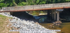 [North under Gornto Road Bridge, Sugar Creek --John S. Quarterman for WWALS, 2025:05:14 13:11:25, 30.8597421, -83.3172846]