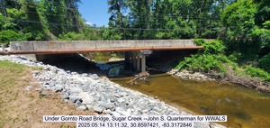[Under Gornto Road Bridge, Sugar Creek --John S. Quarterman for WWALS, 2025:05:14 13:11:32, 30.8597421, -83.3172846]