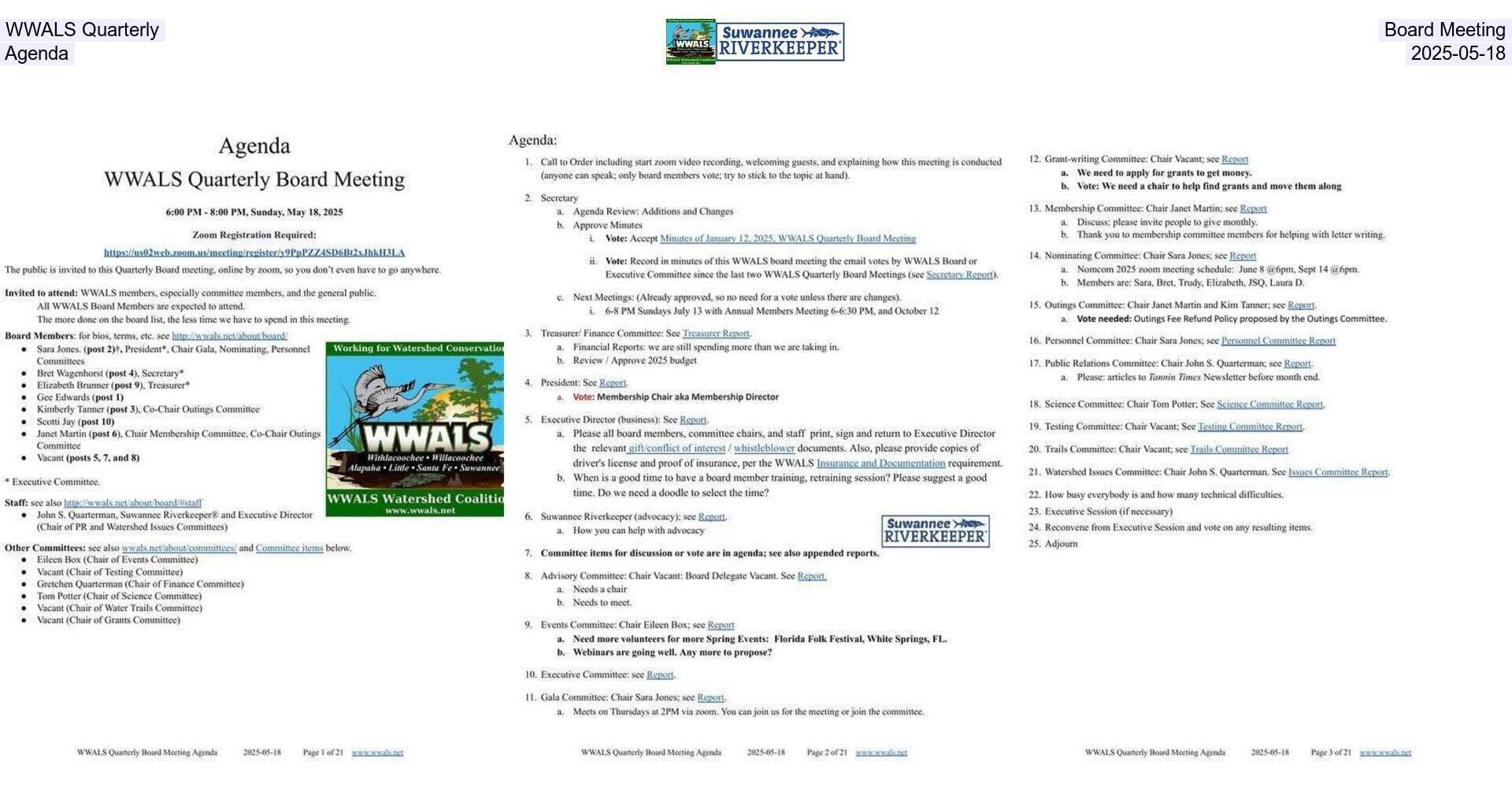 WWALS Quarterly Board Meeting, Agenda, 2025-05-18