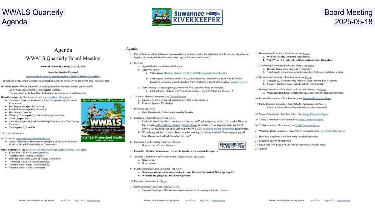 WWALS Quarterly Board Meeting, Agenda, 2025-05-18