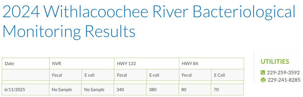 [Table: GA 133 and US 84, Valdosta Utilities Test Results 2025-06-11]