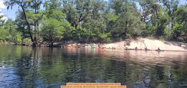 [Lunch beach from spring across Withlacoochee River, 2025:06:21 12:16:30, 30.4727272, -83.2431057 --jsq for WWALS]
