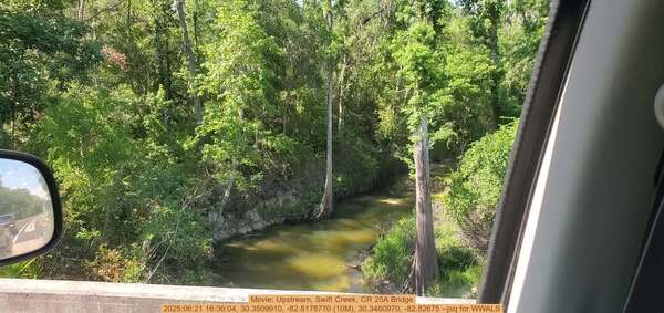 [Movie: Upstream, Swift Creek, CR 25A Bridge, 2025:06:21 16:36:04, 30.3509910, -82.8178770 (10M), 30.3460970, -82.82675 --jsq for WWALS]