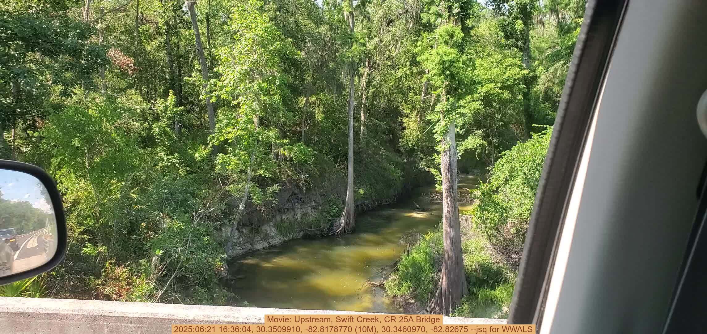 Movie: Upstream, Swift Creek, CR 25A Bridge, 2025:06:21 16:36:04, 30.3509910, -82.8178770 (10M), 30.3460970, -82.82675 --jsq for WWALS