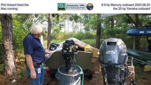 [Phil Hubard fixed the 9.9 hp Mercury outboard 2025-06-25, Also running: the 25 hp Yamaha outboard]