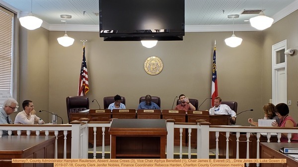 [Attorney?, County Administrator Hampton Raulerson, Absent Jesse Crews (3), Vice Chair Alphya Benefield (1), Chair James E. Everett (2), Drew Jones (4), Luke Gowen (5), 2019-07-18, County Clerk Jenifer Nobles, Finance Coordinator Rebecca Harden, Charlton County Commission meeting]