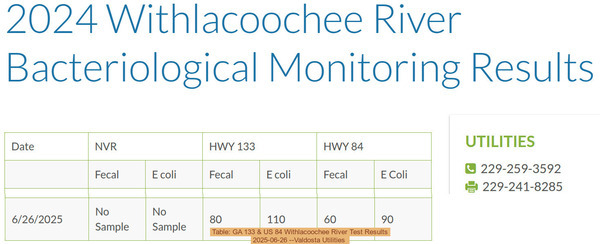 [Table: GA 133 & US 84, Withlacoochee River Test Results 2025-06-26 --Valdosta Utilities]