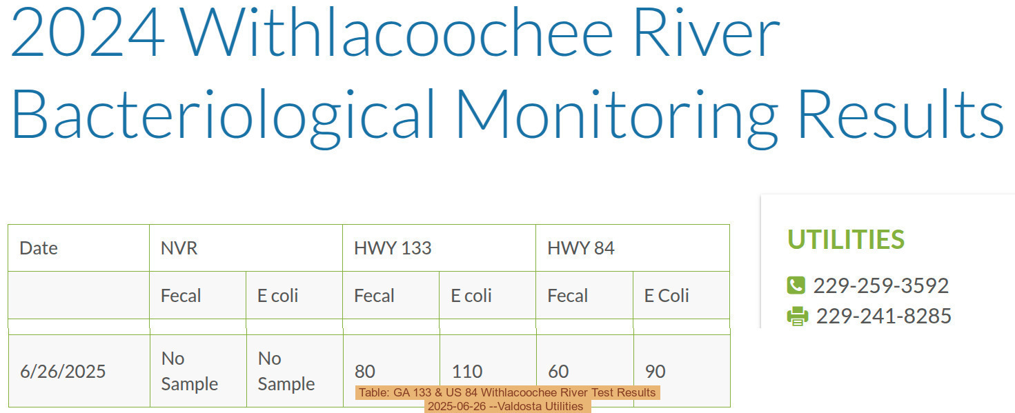 Table: GA 133 & US 84, Withlacoochee River Test Results 2025-06-26 --Valdosta Utilities