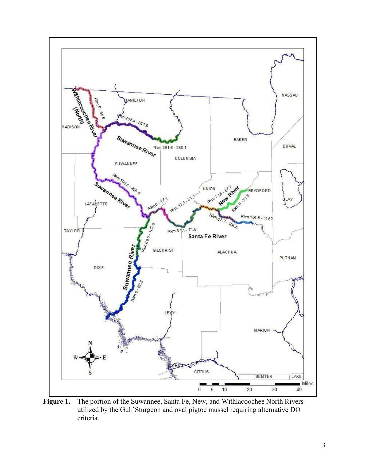 Figure 1. The portion of the Suwannee, Santa Fe, New, and Withlacoochee North Rivers utilized by the Gulf Sturgeon and oval pigtoe mussel requiring alternative DO criteria.