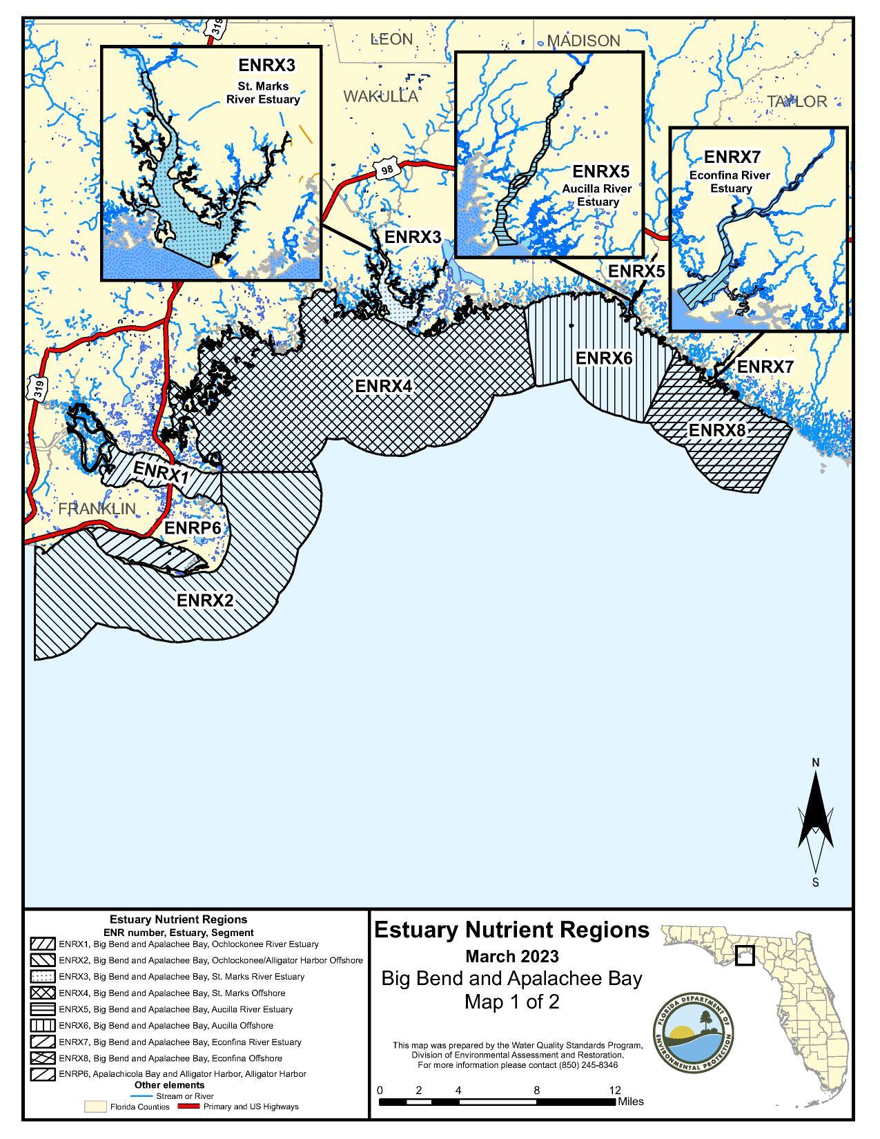 Estuary Nutrient Regions, March 2023, Big Bend and Apalachee Bay, Map 1 of 2