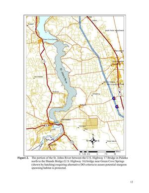 [Figure 2. The portion of the St. Johns River between the U.S. Highway 17 Bridge in Palatka north to the Shands Bridge (U.S. Highway 16) bridge near Green Cove Springs (shown by hatching) requiring alternative DO criteria to assure potential sturgeon spawning habitat is protected.]