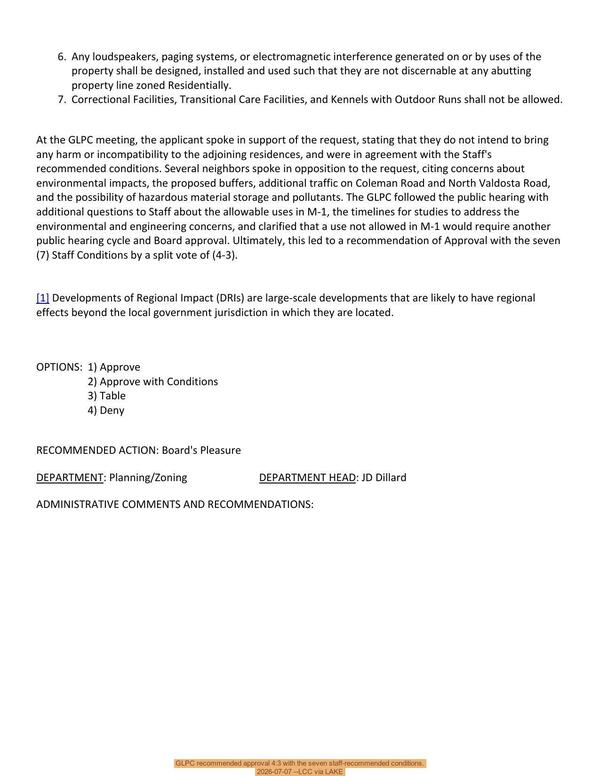 GLPC recommended approval 4:3 with the seven staff-recommended conditions. 2026-07-07 --LCC via LAKE