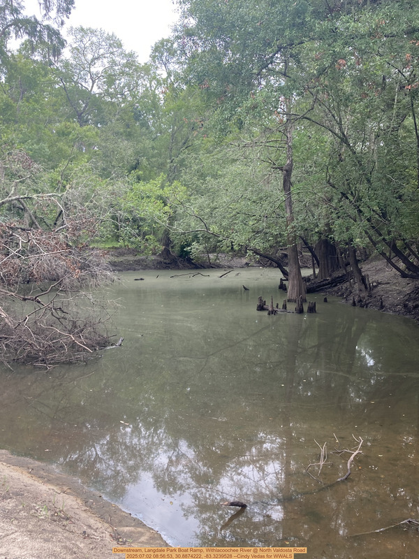 [Downstream, Langdale Park Boat Ramp, Withlacoochee River @ North Valdosta Road, 2025:07:02 08:56:53, 30.8874222, -83.3239528 --Cindy Vedas for WWALS]