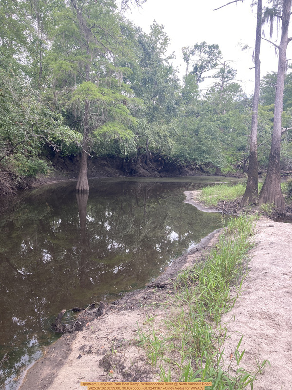 Upstream, Langdale Park Boat Ramp, Withlacoochee River @ North Valdosta Road, 2025:07:02 08:59:00, 30.8875556, -83.3243167 --Cindy Vedas for WWALS