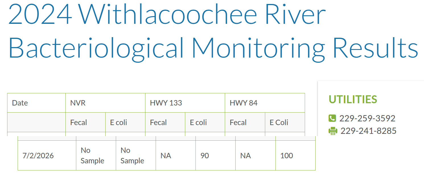 Table: GA 133, US 84, Withlacoochee River, 2025-07-02 --Valdosta Utilities