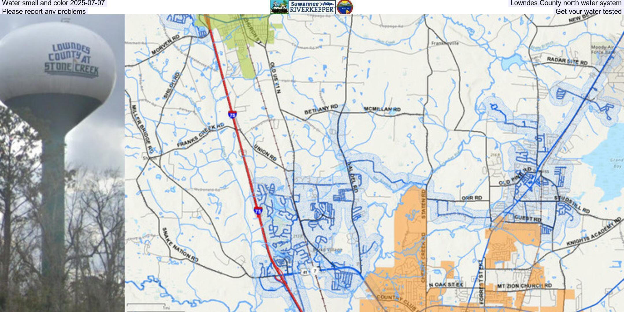 Water smell and color 2025-07-07, Lowndes County north water system, Please report any problems, Get your water tested