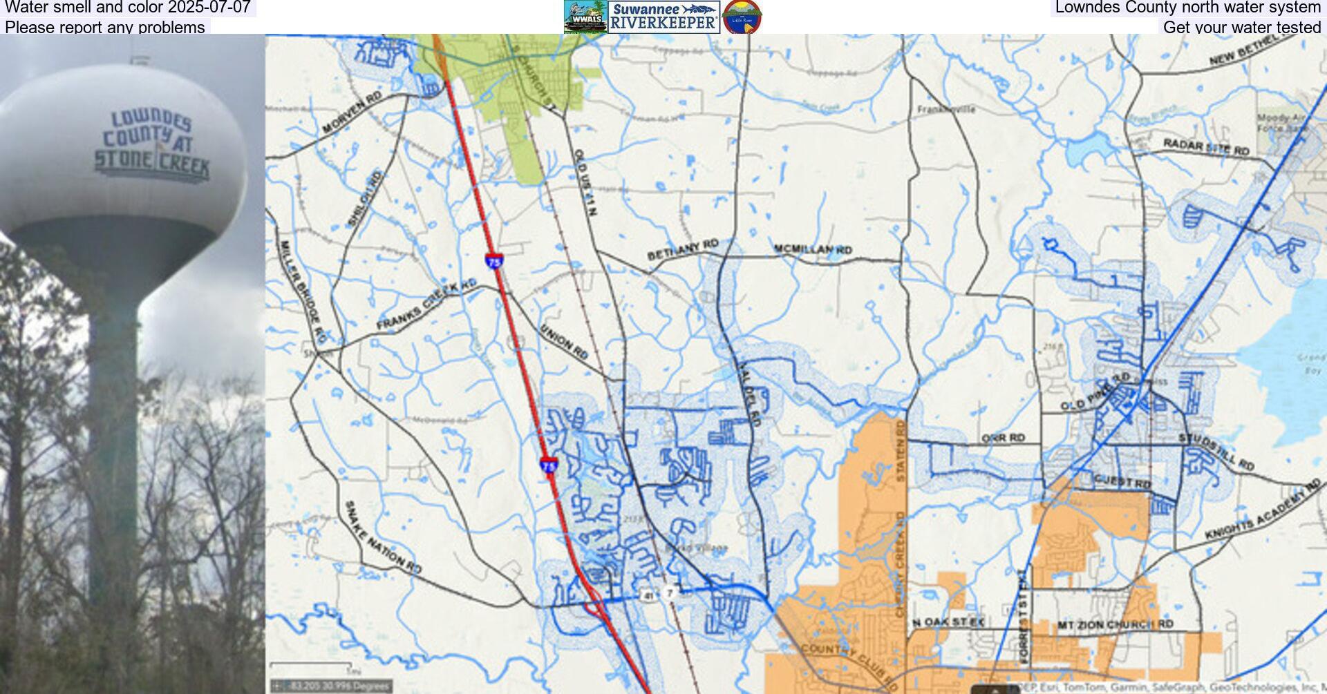 [Water smell and color 2025-07-07, Lowndes County north water system, Please report any problems, Get your water tested]