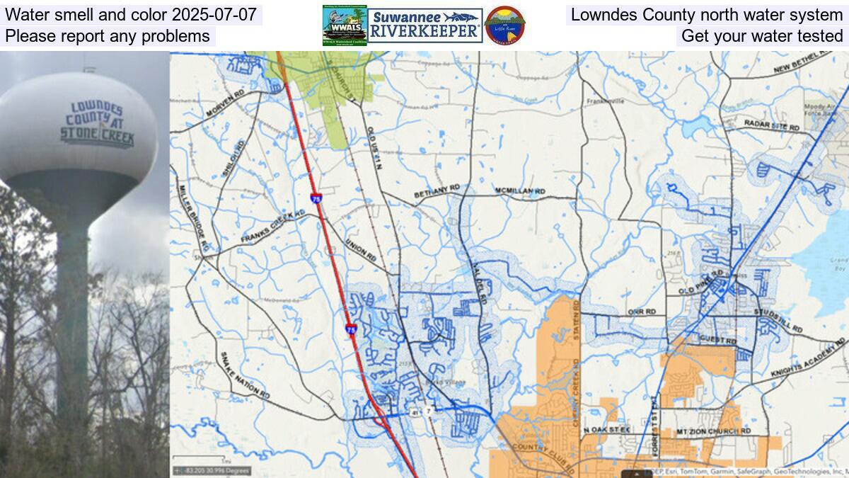 Water smell and color 2025-07-07, Lowndes County north water system, Please report any problems, Get your water tested