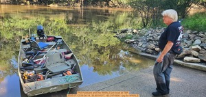 [Phil Hubbard and the WWALS jon boat at TBR, 2025:07:12 09:36:14, 30.8514017, -83.3474906 --jsq for WWALS]