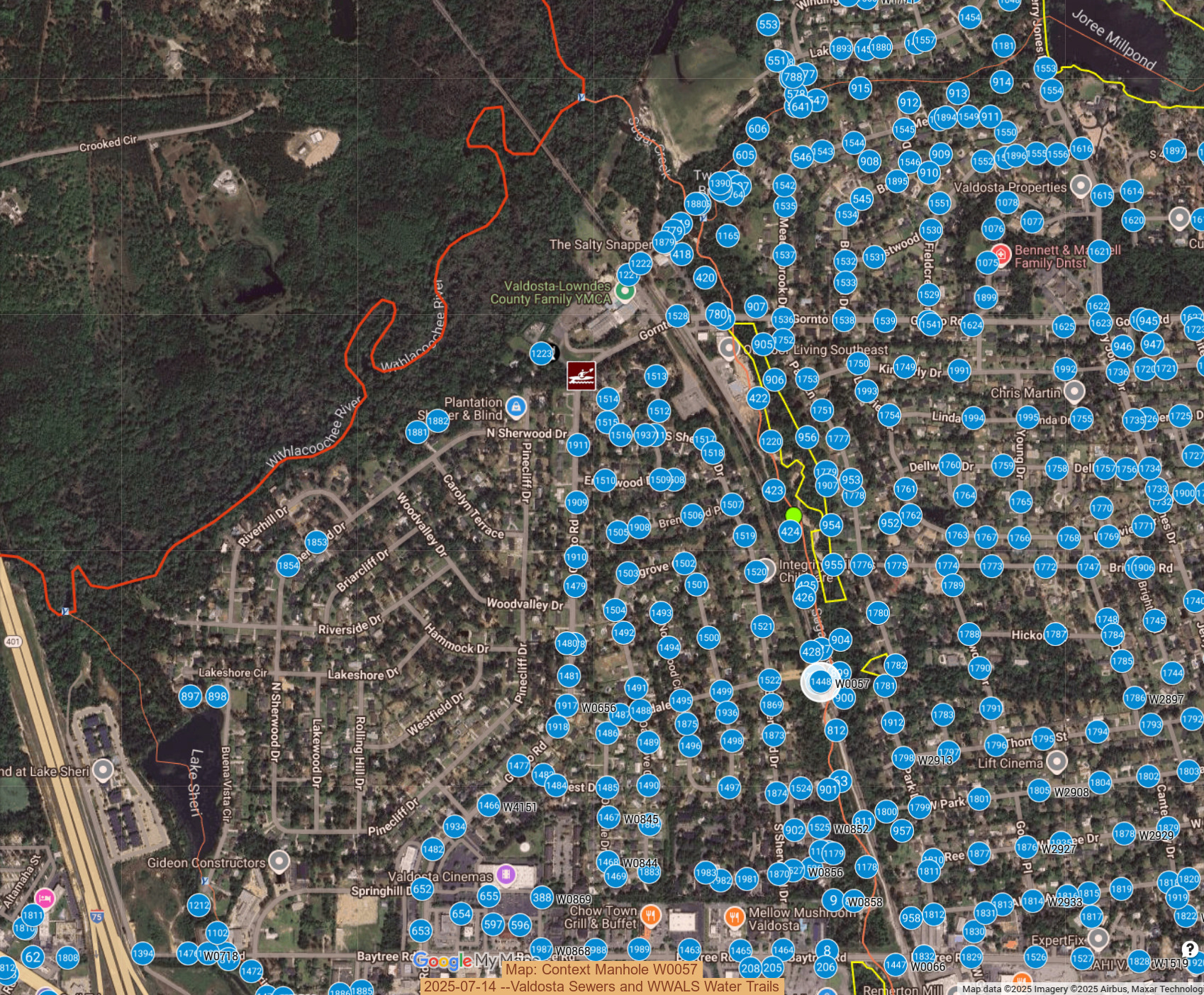 Map: Context Manhole W0057, 2025-07-14 --Valdosta Sewers and WWALS Water Trails
